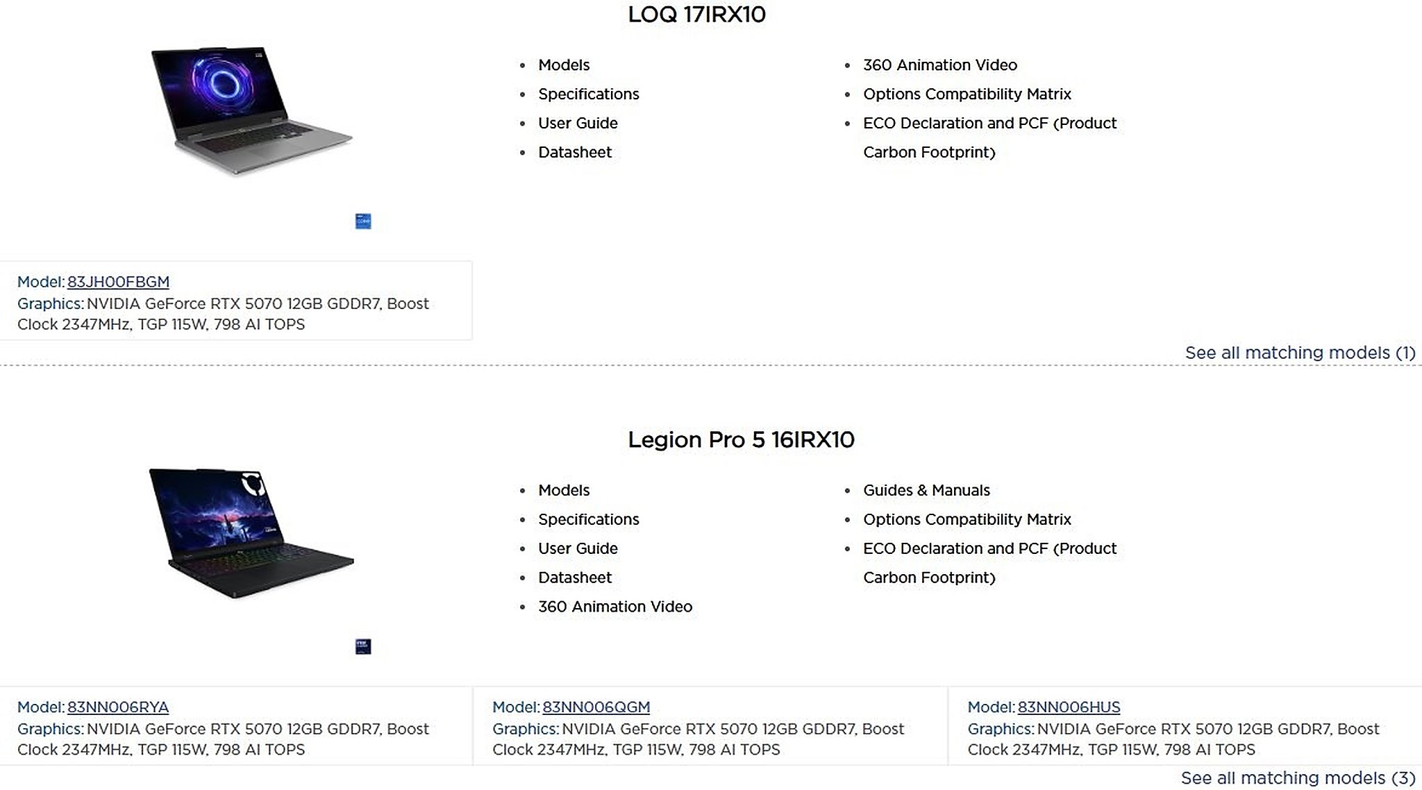 Screenshot listing Lenovo Legion Pro và LOQ 2026 với RTX 5070 12GB GDDR7 115W