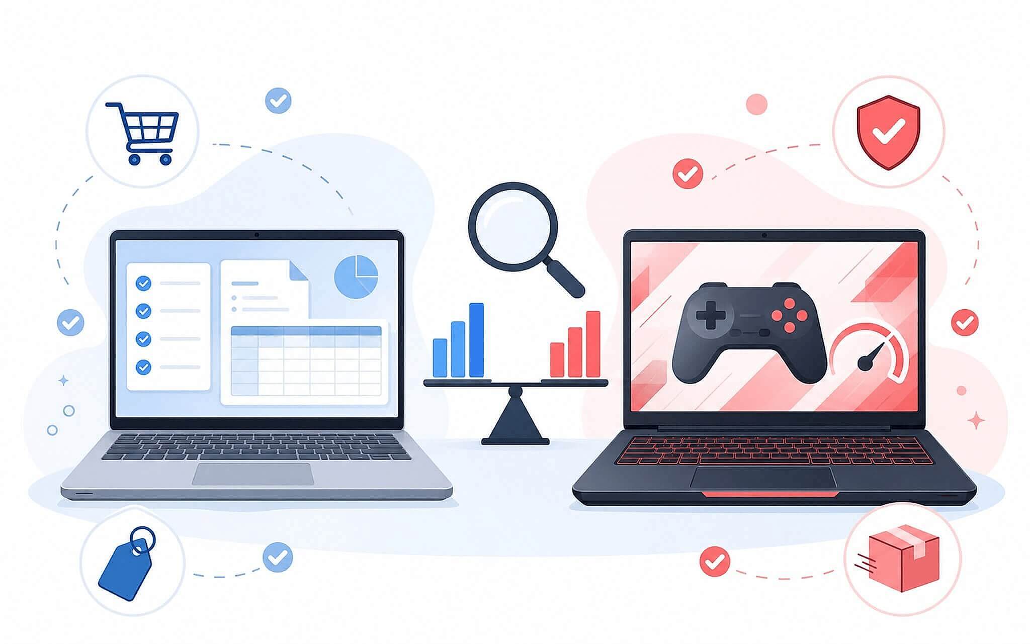 Minh hoạ so sánh laptop văn phòng và laptop gaming phổ thông Minh hoạ so sánh laptop văn phòng và laptop gaming phổ thông