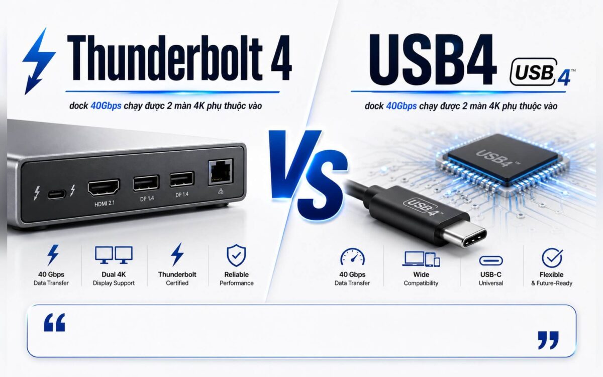 Thunderbolt 4 và USB4: dock 40Gbps chạy được 2 màn 4K phụ thuộc vào điều gì