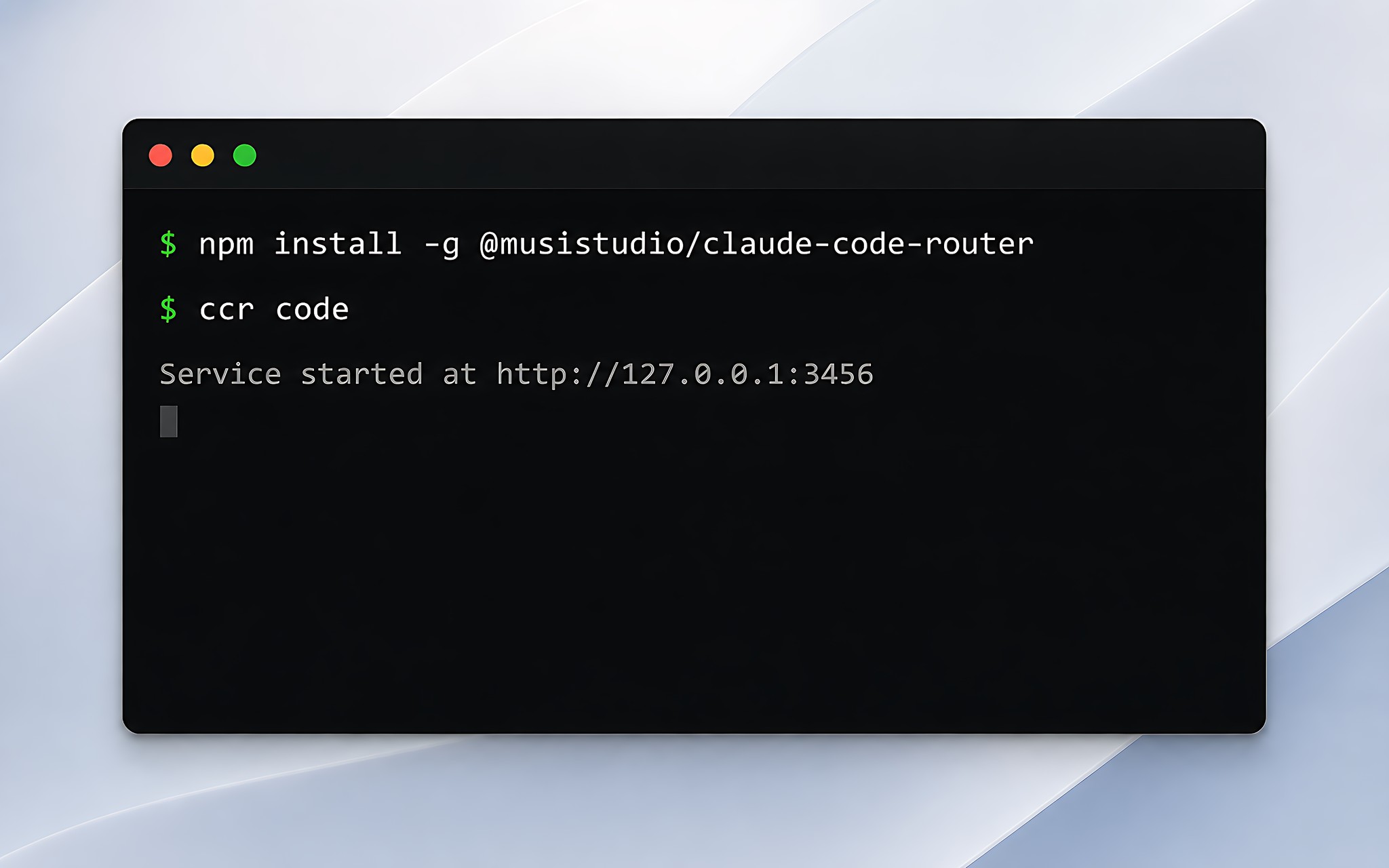 Terminal cài đặt Claude Code Router qua npm và khởi chạy bằng lệnh ccr code