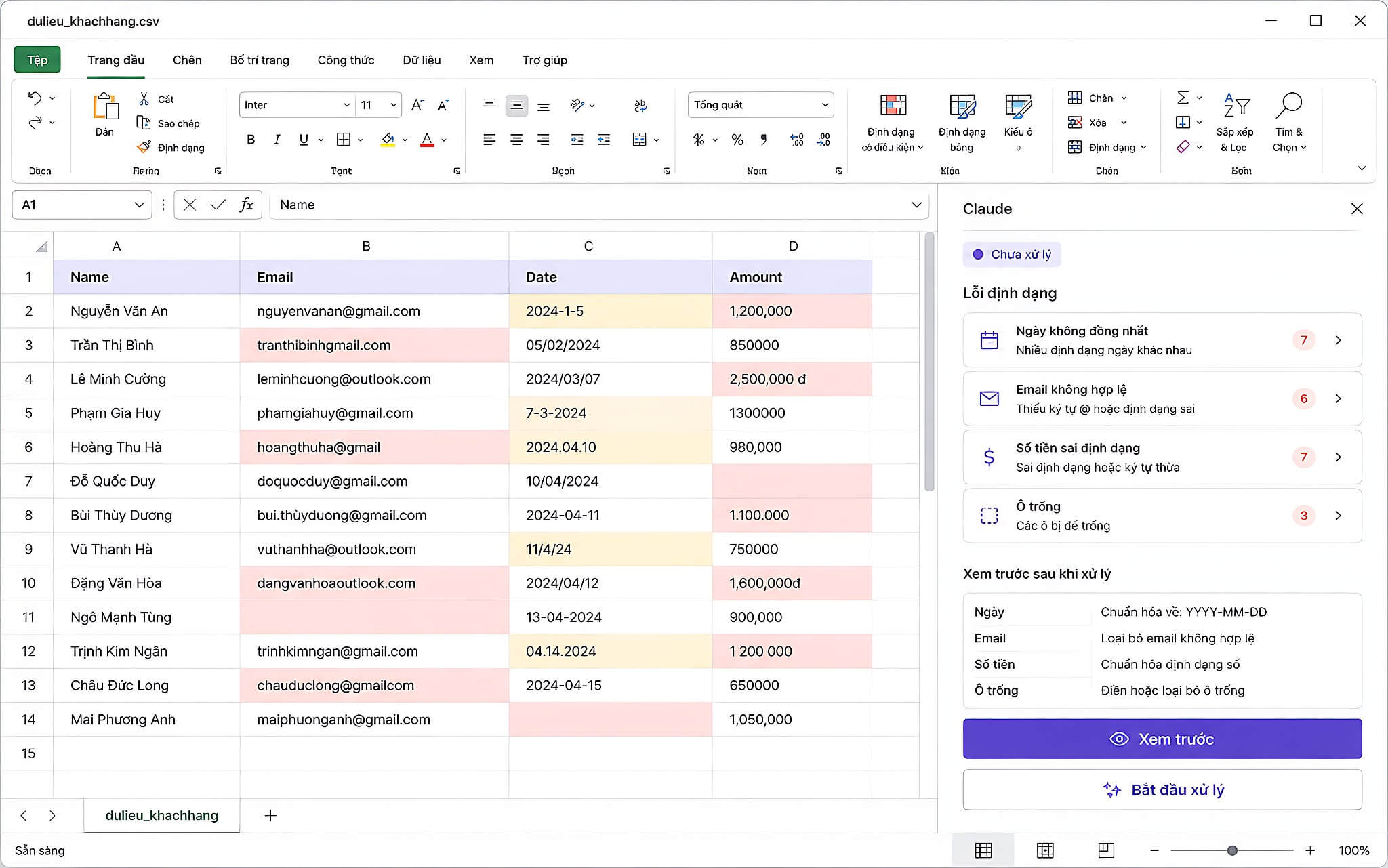 Những thao tác Claude có thể thực hiện trong Excel