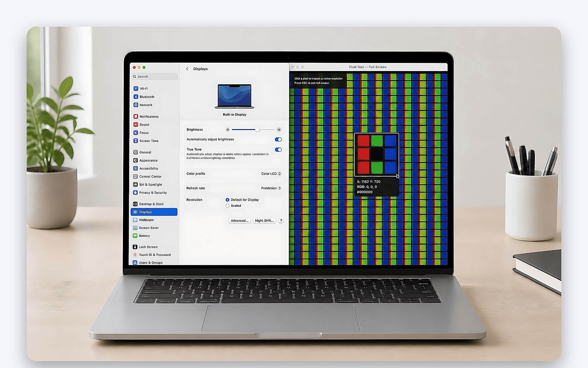 Kiểm tra điểm chết màn hình MacBook bằng ảnh nền màu toàn màn hình