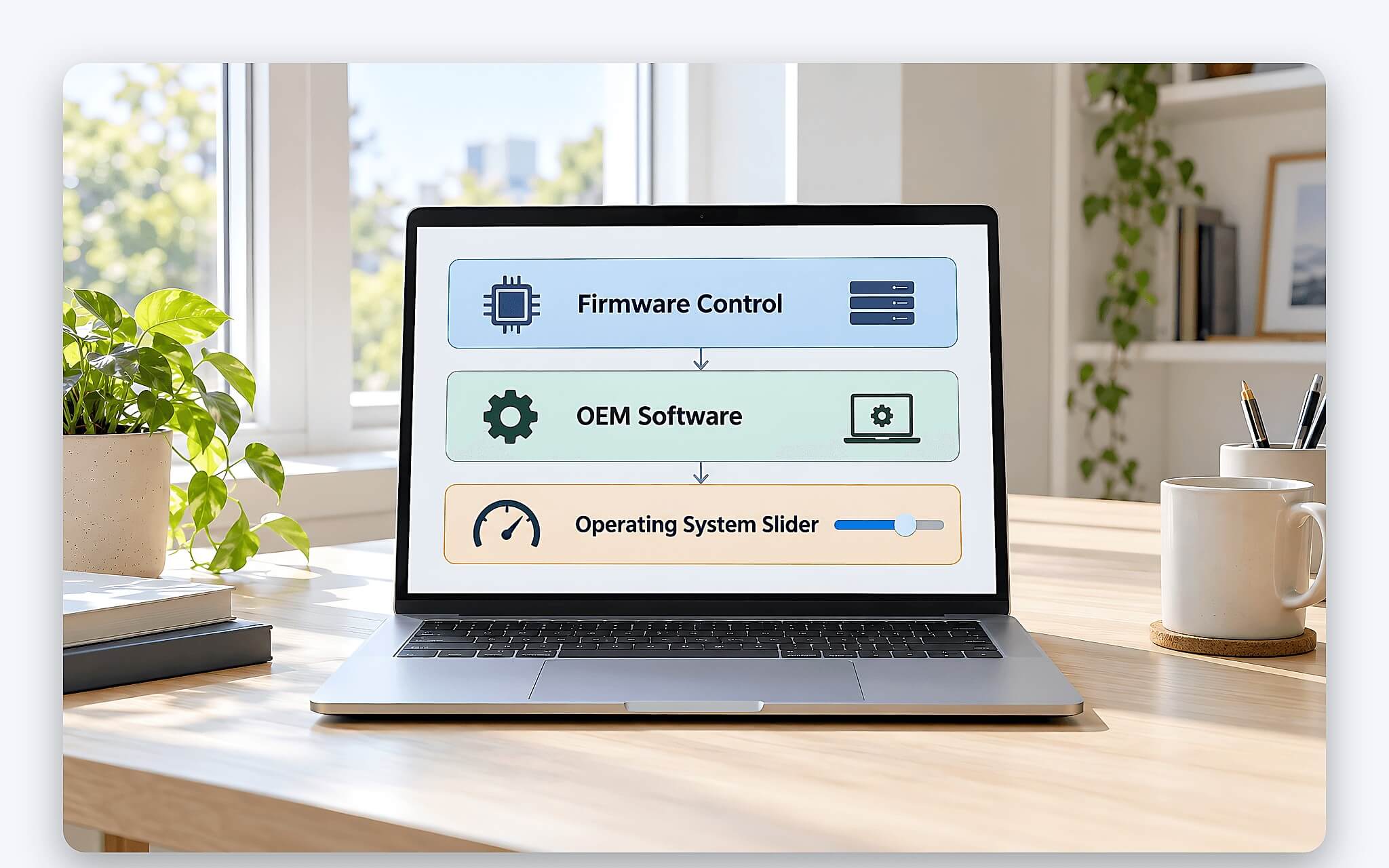 Ba lớp điều khiển chế độ hiệu năng trên laptop Windows gồm firmware, phần mềm hãng và Power Mode
