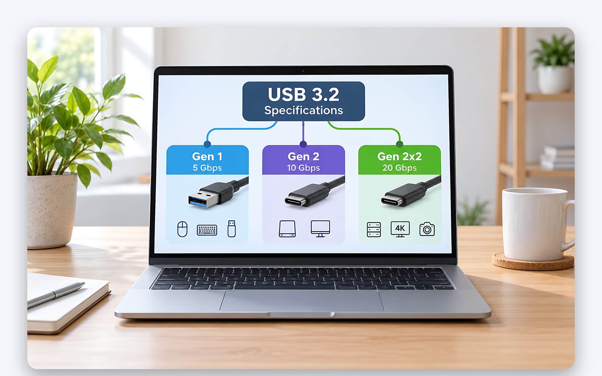 Ba mức tốc độ 5Gbps, 10Gbps và 20Gbps của chuẩn USB 3.2 trên cổng laptop