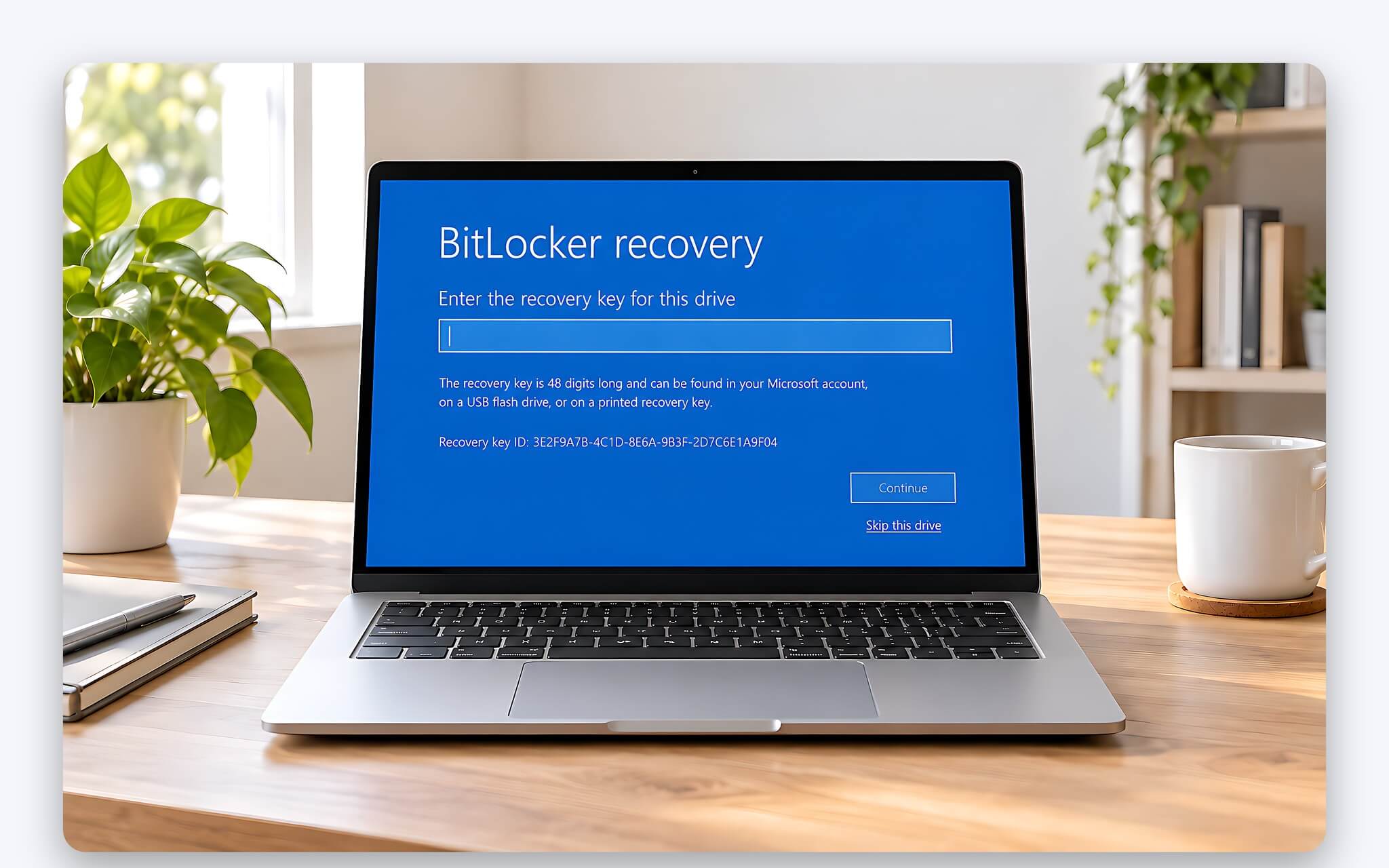 Màn hình yêu cầu khóa khôi phục BitLocker 48 chữ số khi cứu dữ liệu laptop