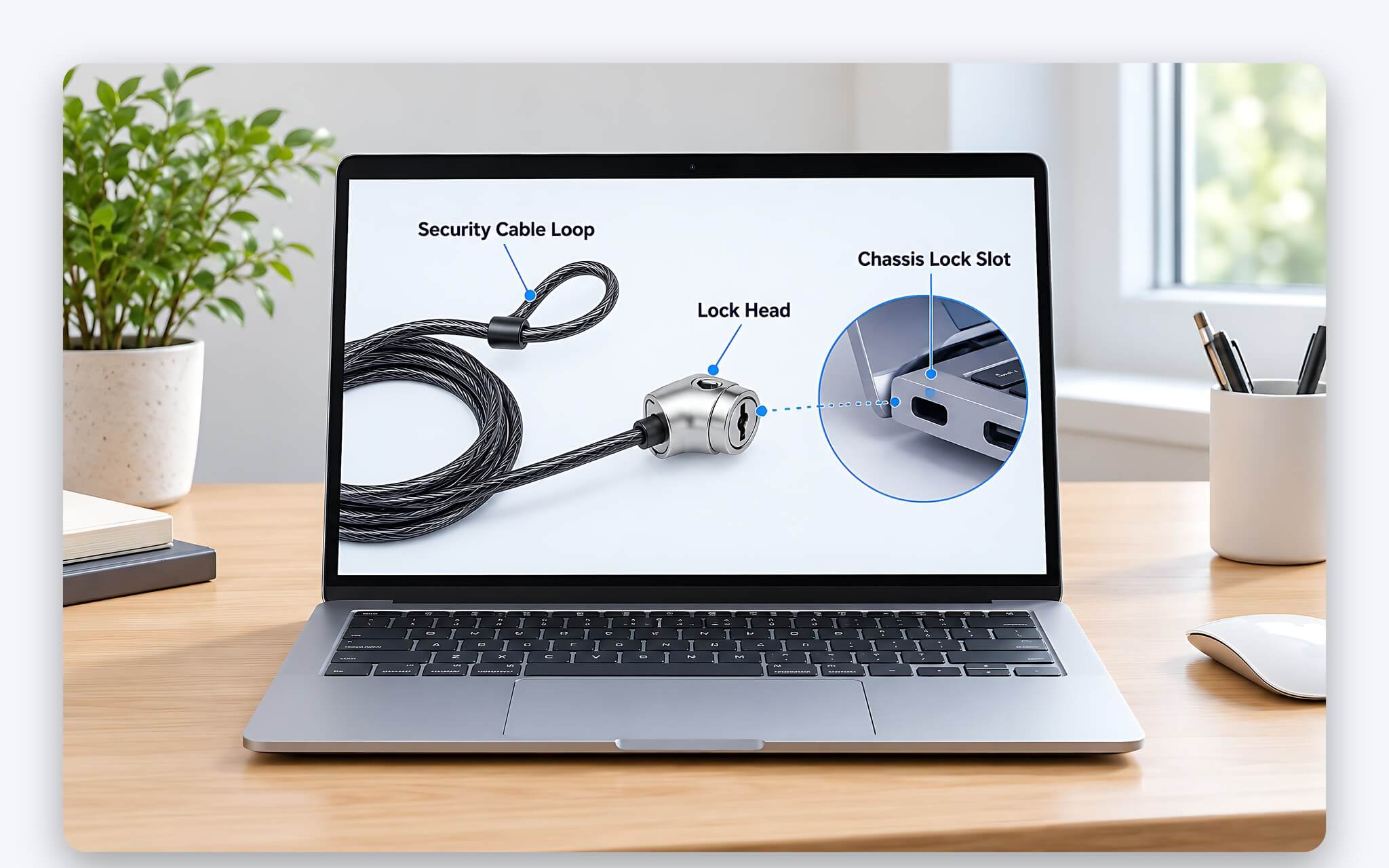 Khoá Kensington là gì, dây cáp thép cắm vào khe trên cạnh laptop