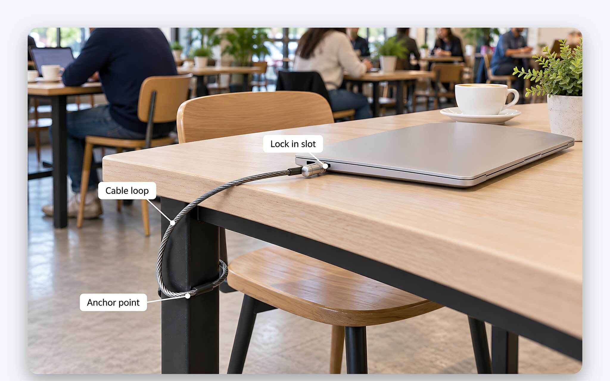 Quấn dây khoá quanh chân bàn để chống trộm laptop ở nơi công cộng