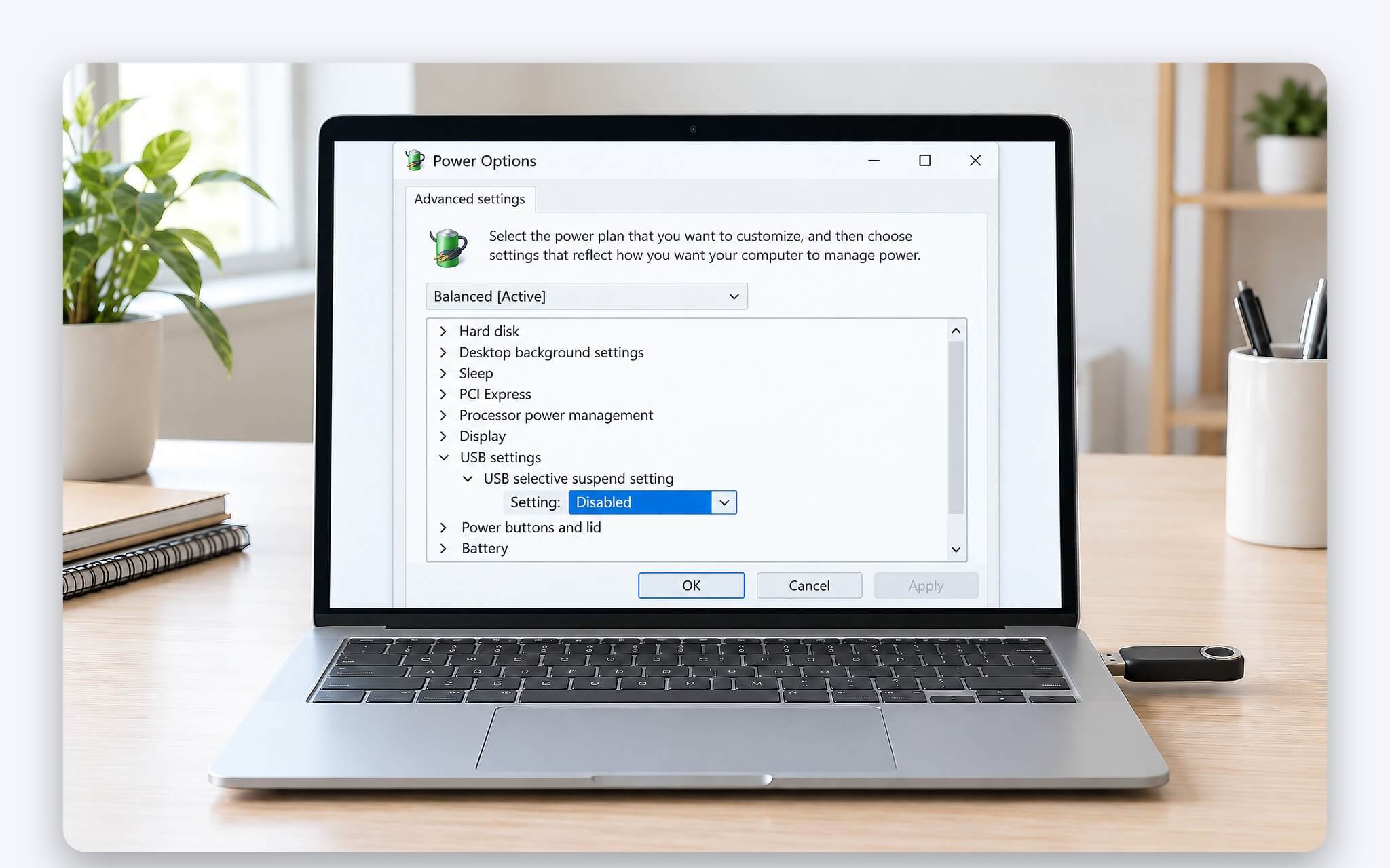 Thiết lập USB selective suspend trong Power Options của Windows 11