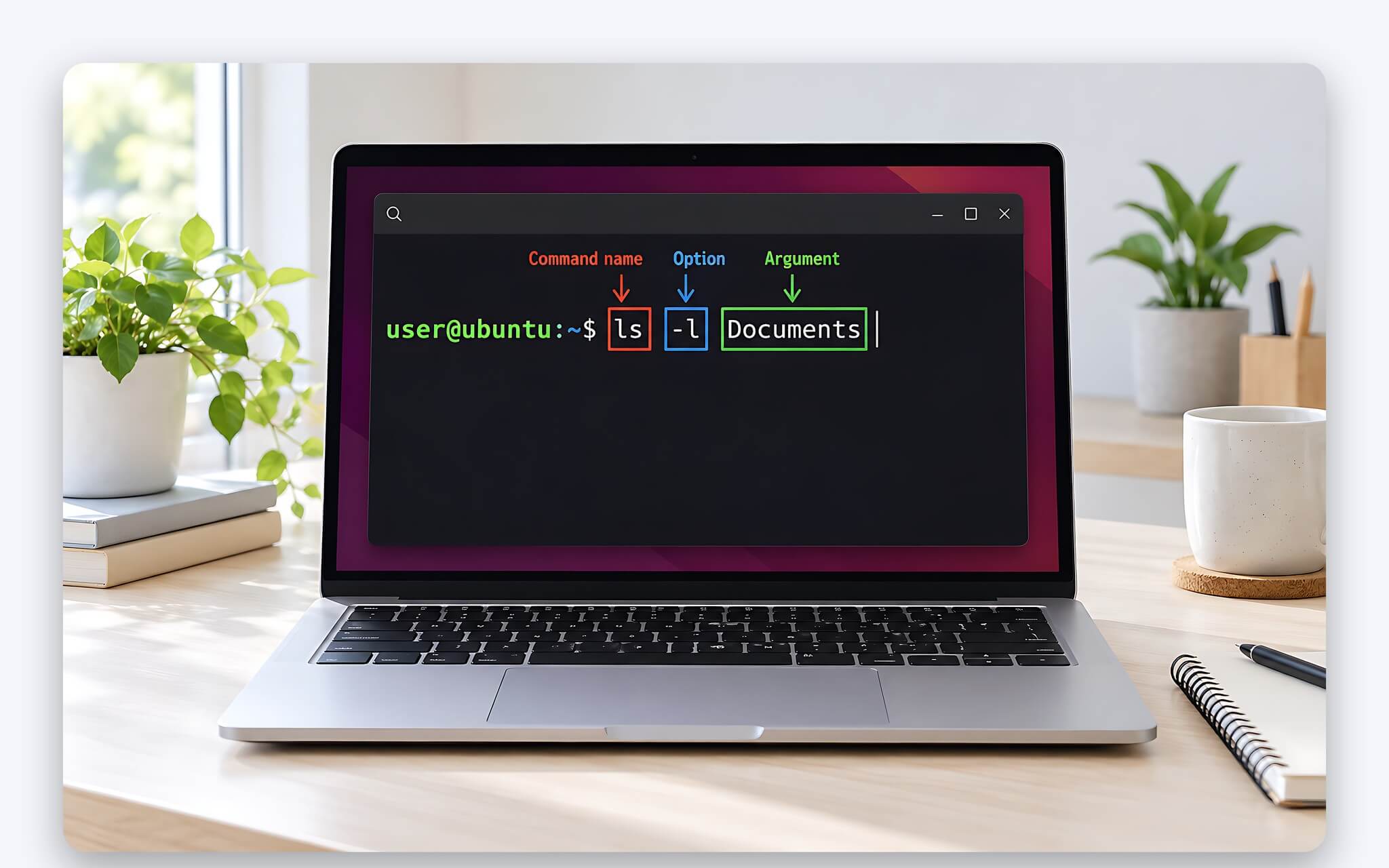 Cấu trúc một lệnh terminal gồm tên chương trình, tùy chọn và đối số trên Ubuntu Cấu trúc một lệnh terminal gồm tên chương trình, tùy chọn và đối số trên Ubuntu