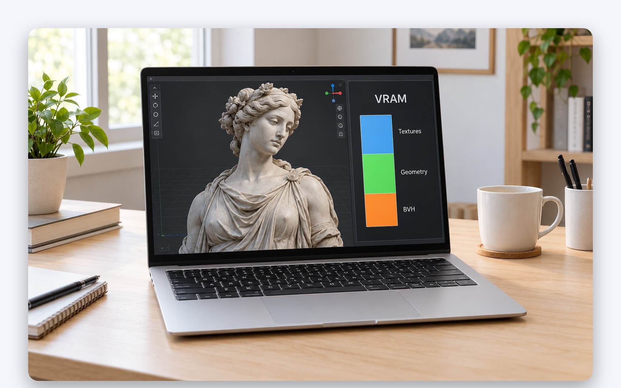 Texture, lưới đa giác và cấu trúc BVH cùng chiếm VRAM khi render 3D trên laptop