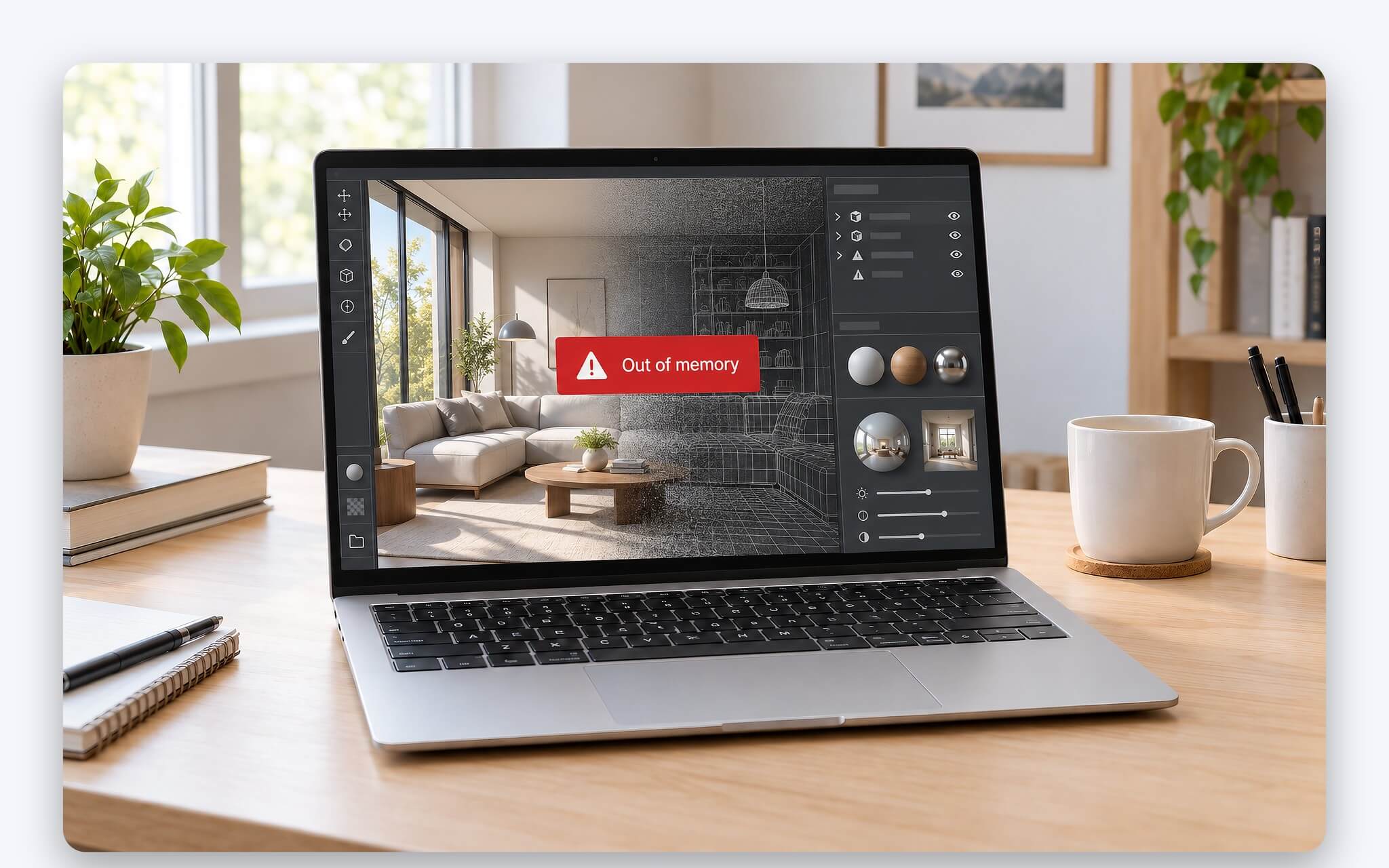 Thông báo lỗi Out of memory khi cảnh render 3D tràn VRAM trên laptop