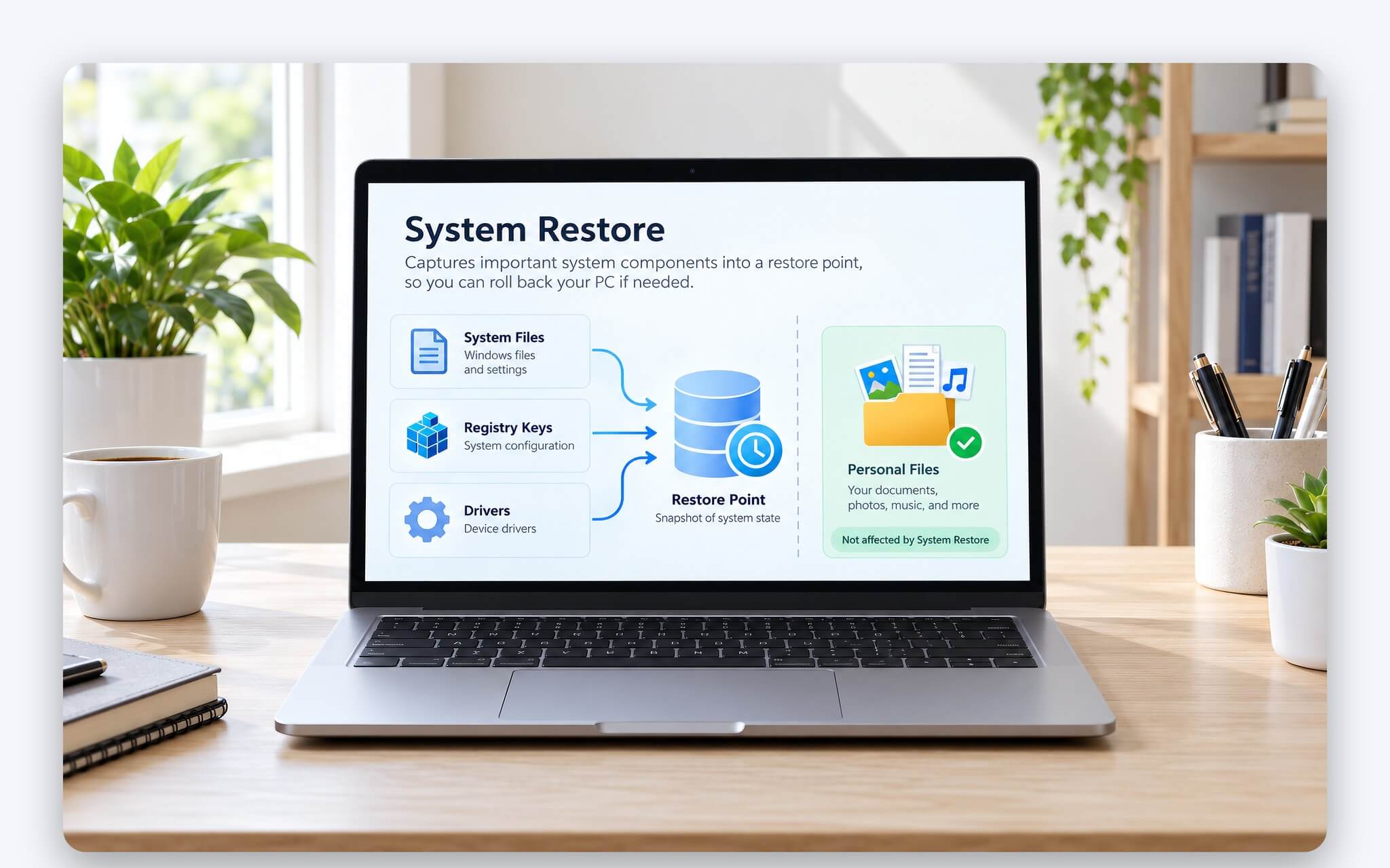 System Restore lưu lại tệp hệ thống, registry, driver và chương trình trên Windows 11