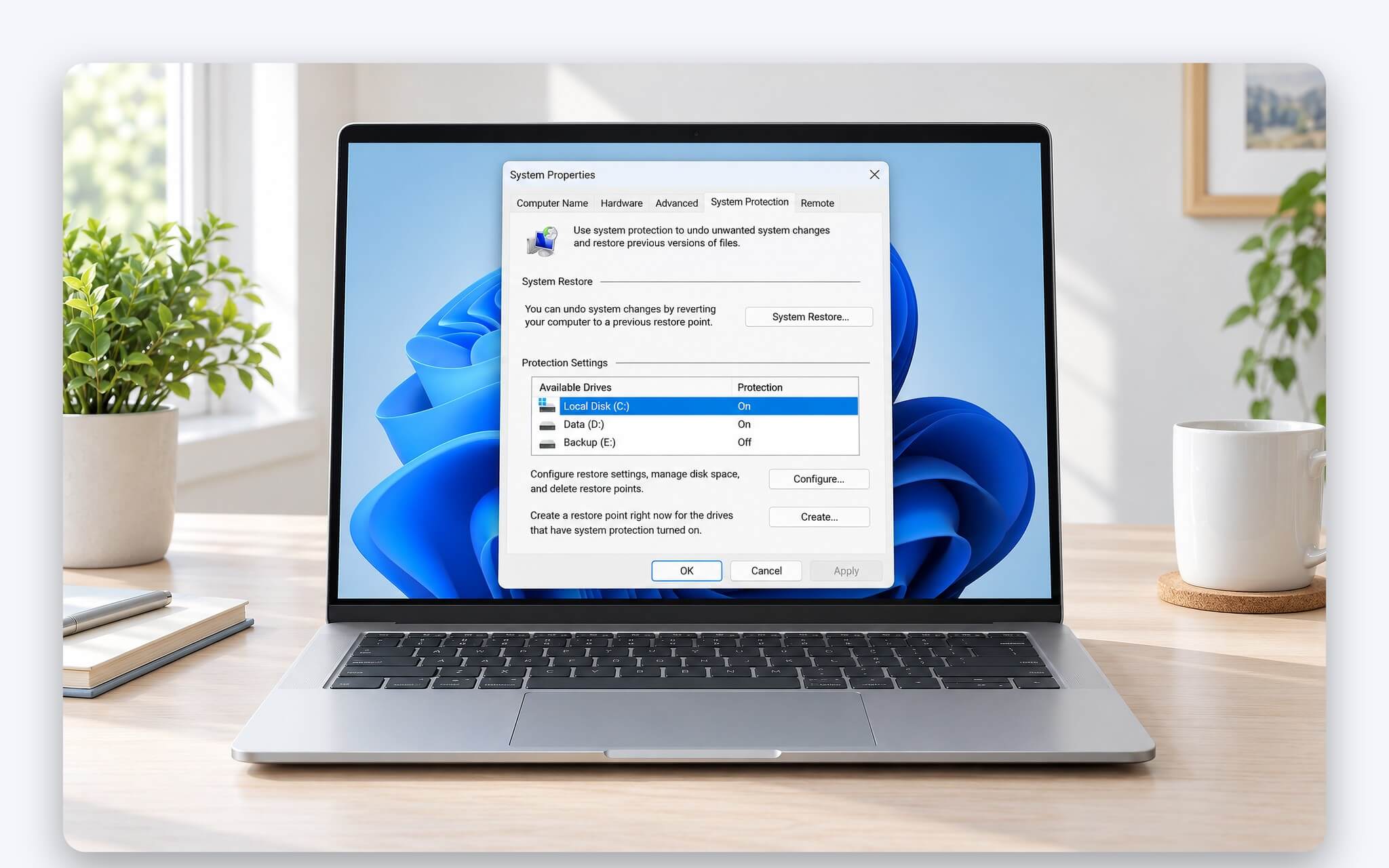 Bật bảo vệ hệ thống cho ổ C trong hộp thoại System Properties của Windows 11