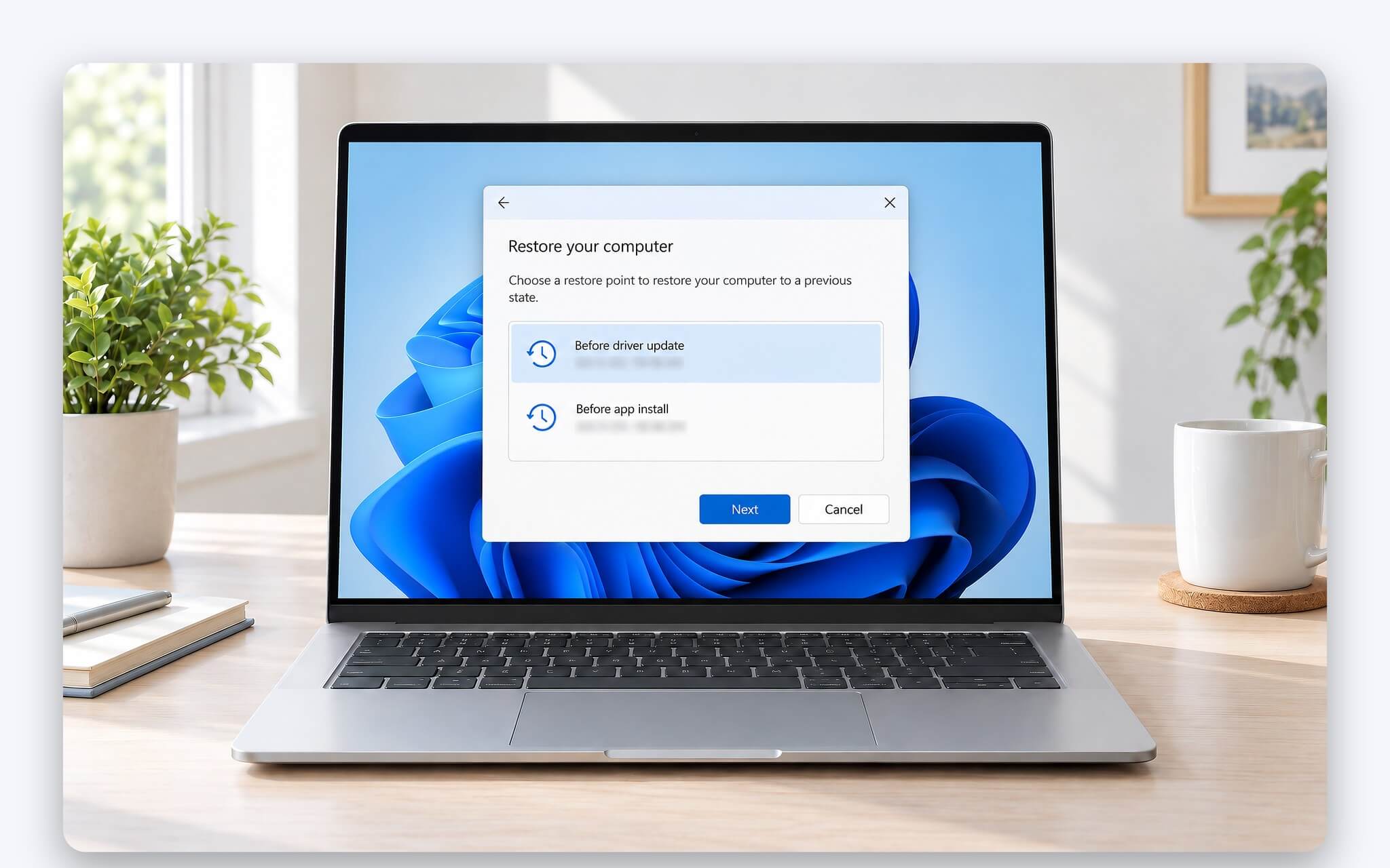 Chọn điểm khôi phục trong cửa sổ System Restore để quay lại trước bản cập nhật lỗi
