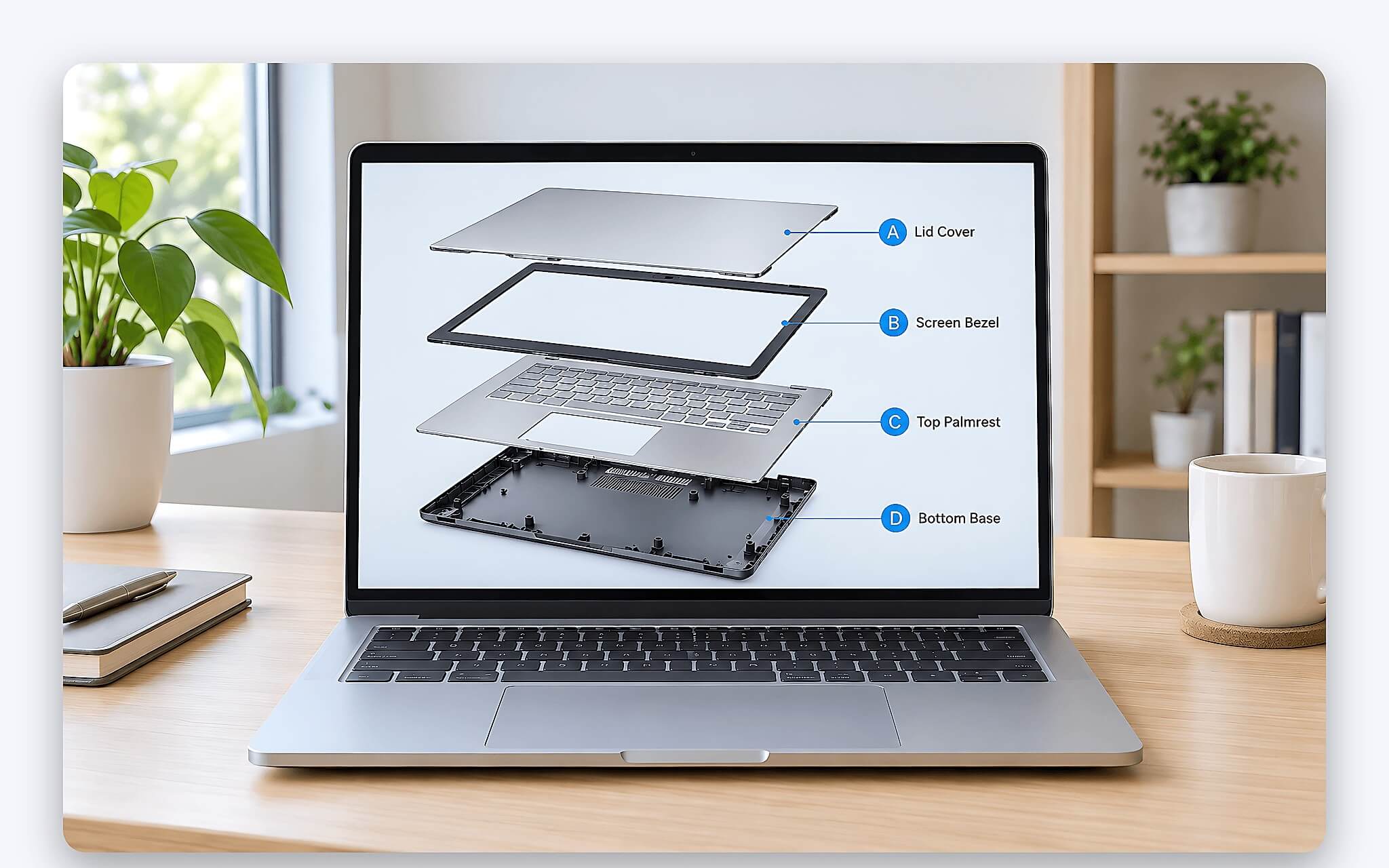 Bốn mặt vỏ laptop gồm nắp màn hình, viền, phần kê tay và nắp đáy ghép từ nhiều vật liệu