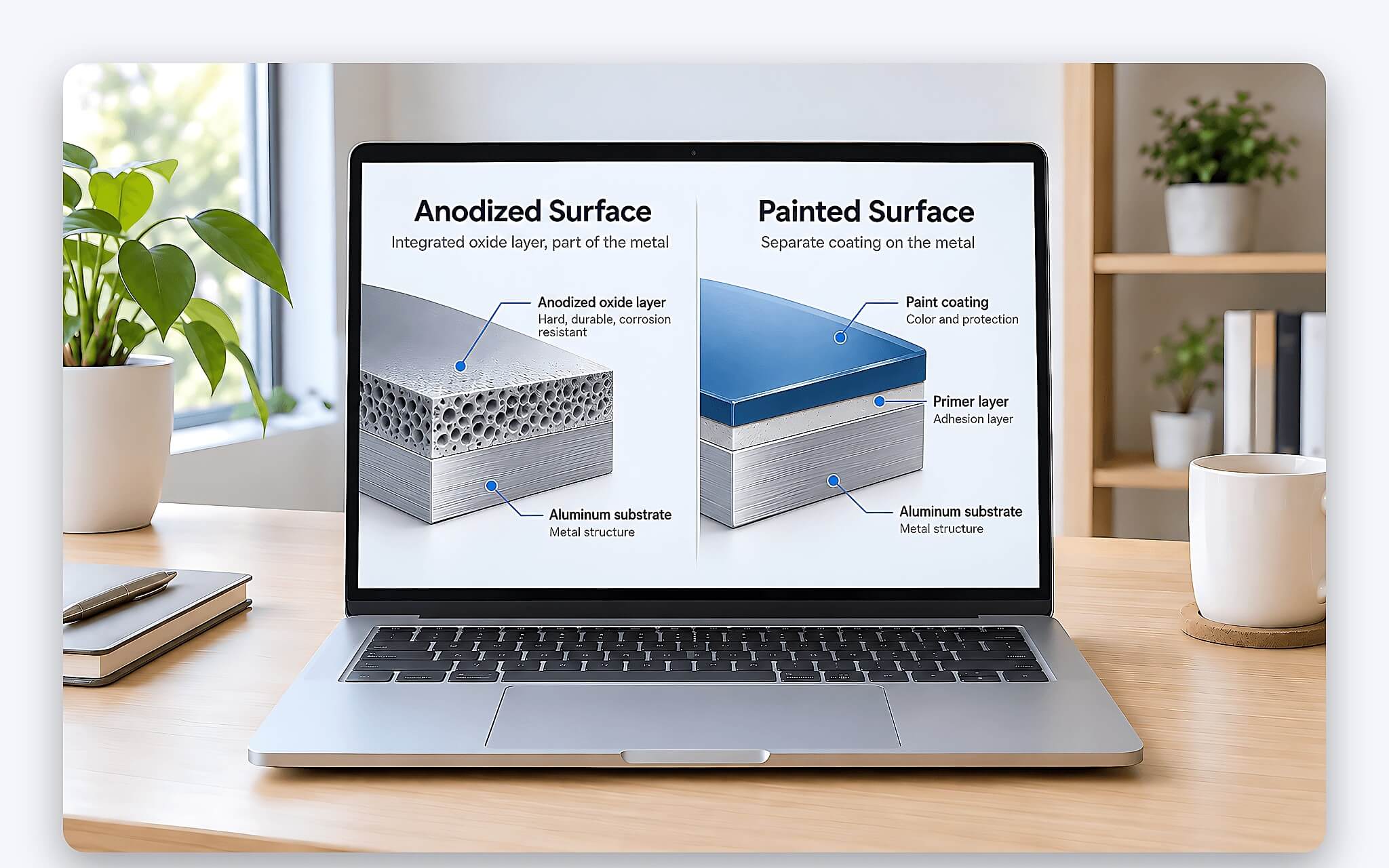 Bề mặt vỏ nhôm anodize và vỏ magie sơn phủ nhìn gần dưới ánh sáng xiên
