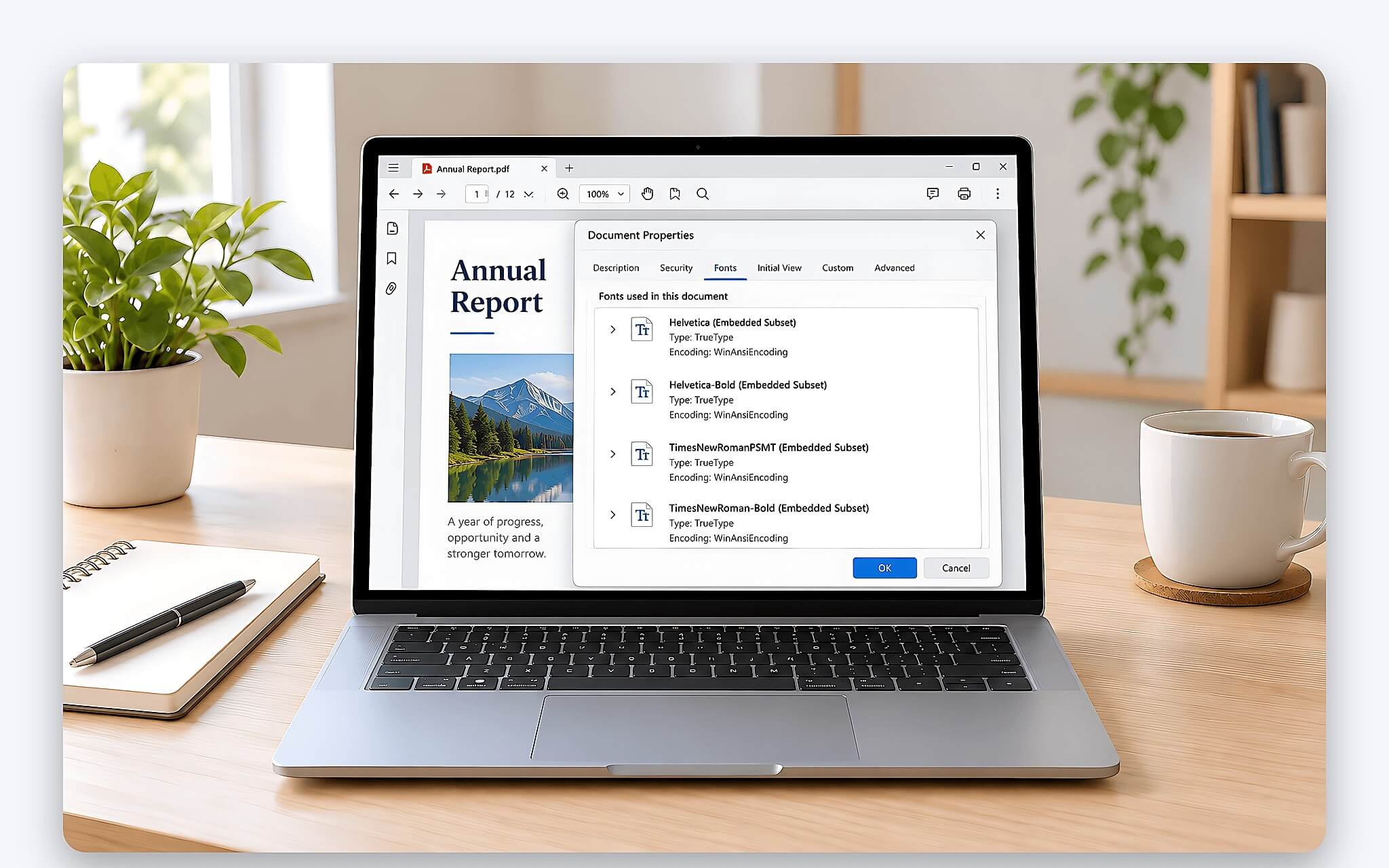 Thẻ Fonts trong Document Properties của Acrobat Reader để kiểm tra font đã nhúng